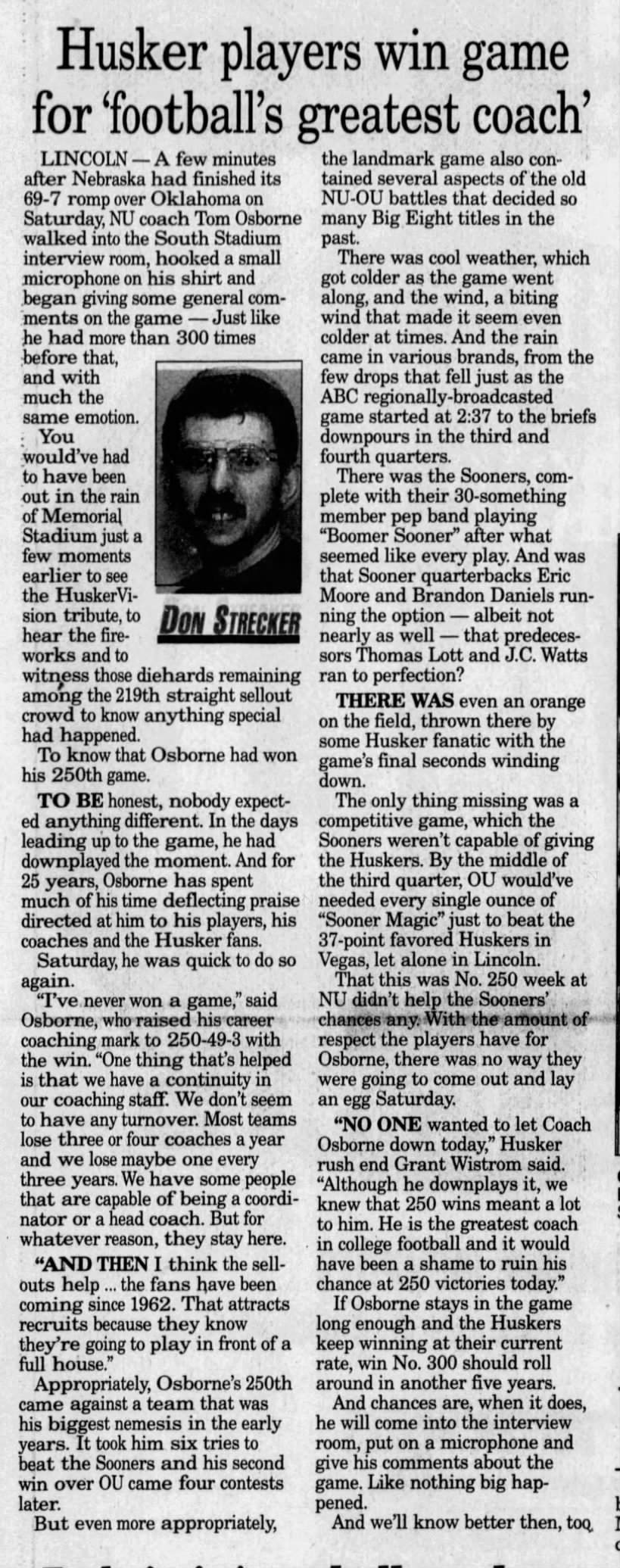 1997 Nebraska-Oklahoma, Strecker column