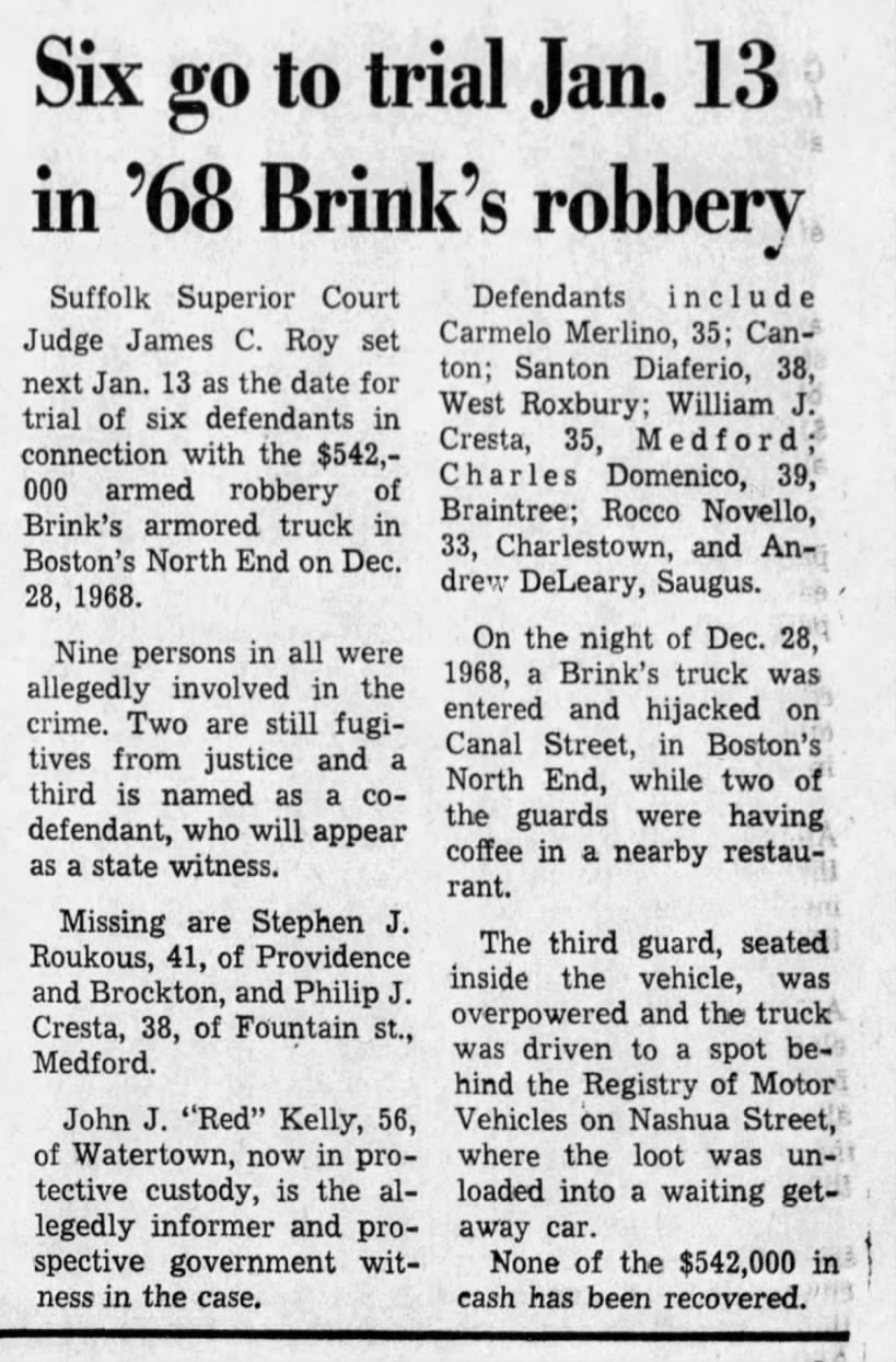 Brinks 68 trial scheduled (16 Nov 1970)