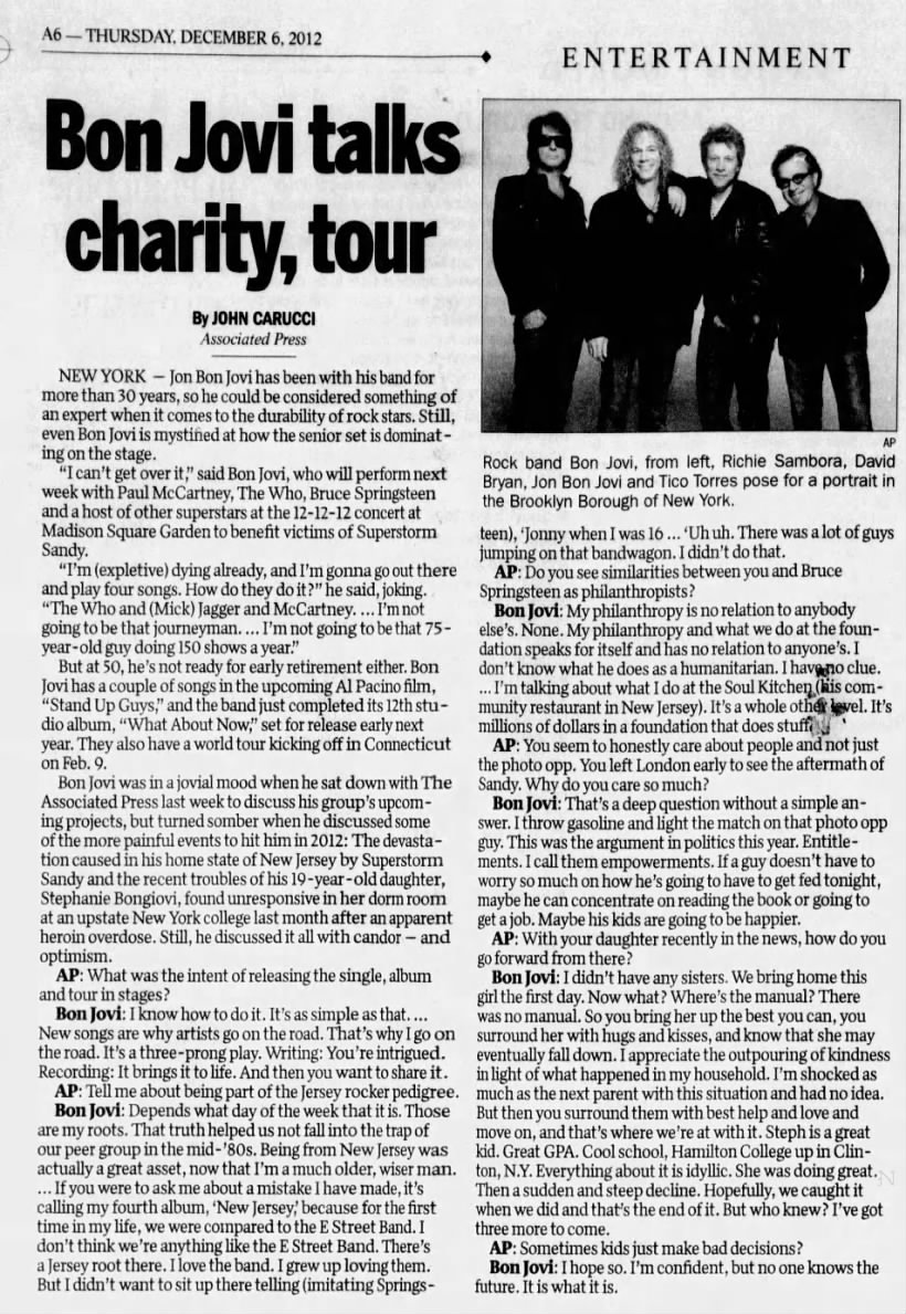 Bon Jovi talks charity, tour