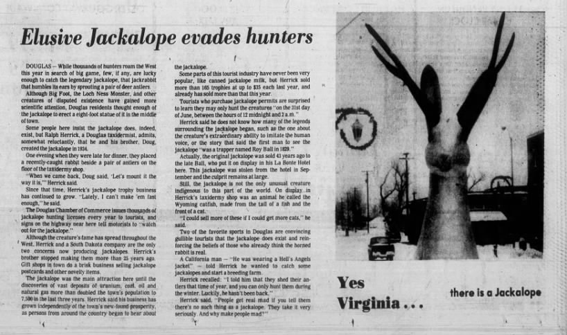 1977-12-08 Elusive Jackalope evades hunters

Casper Star-Tribune (Casper, WY), p. 21