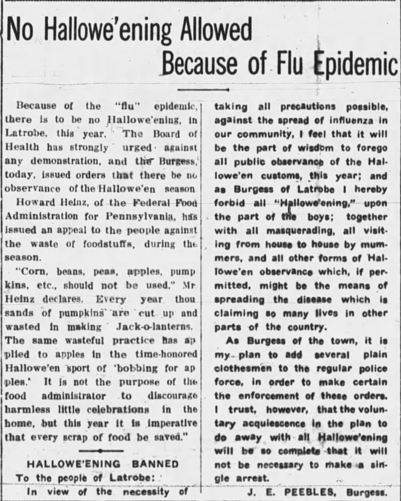 Halloween celebrations banned in Pennsylvania town in 1918 because of Spanish flu