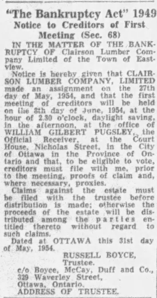 Clairson Lumber bankruptcy