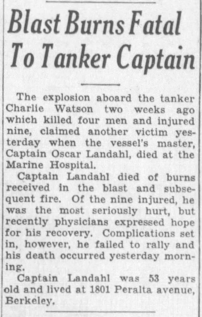 Oscar Landahl dies -- captain of "Charlie Watson"