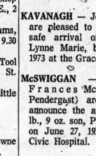 Patrick Joseph McSwiggan 1973 birth announcement