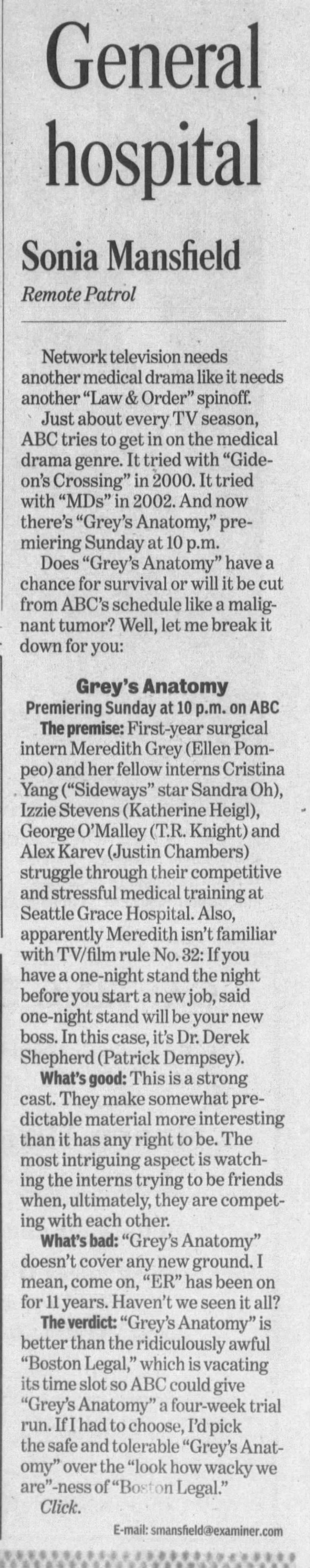 Grey's Anatomy, Season One *