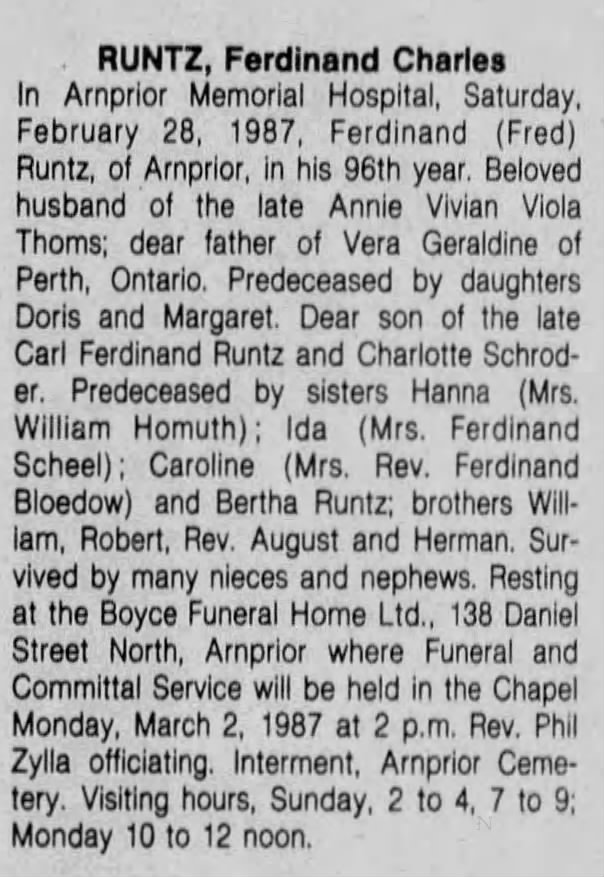 Obituary: Ferdinand Charles RUNTZ (Aged 96)