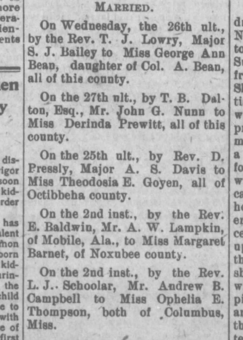Okolona Messenger, 10 Jun 1903 A.S. Davis married to Theodosia E Goyen