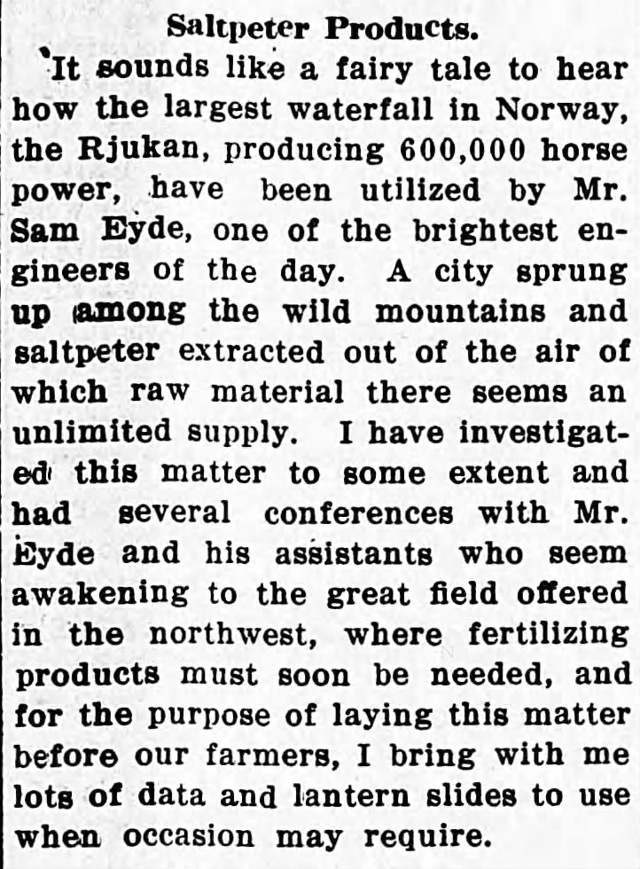 Sam Eyde, saltpeter, the Rjukan waterfall, and the development of Rjukan