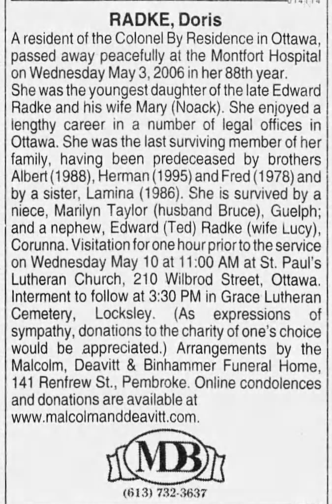 Obituary: Doris RADKE (Aged 87)