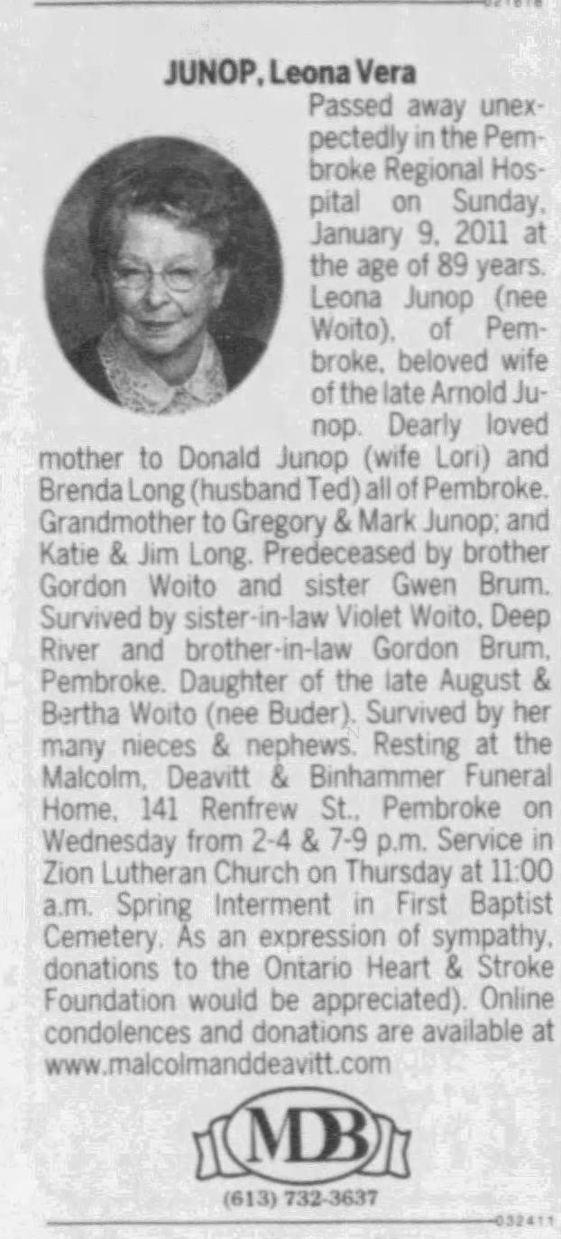 Obituary: Leona Vera JUNOP nee Woito (Aged 89)