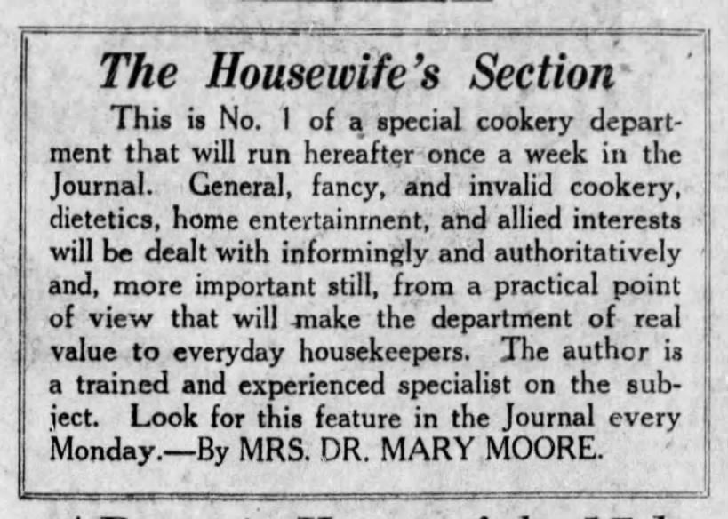 "Housewife's Section" number 1, by Mary Moore, 1929