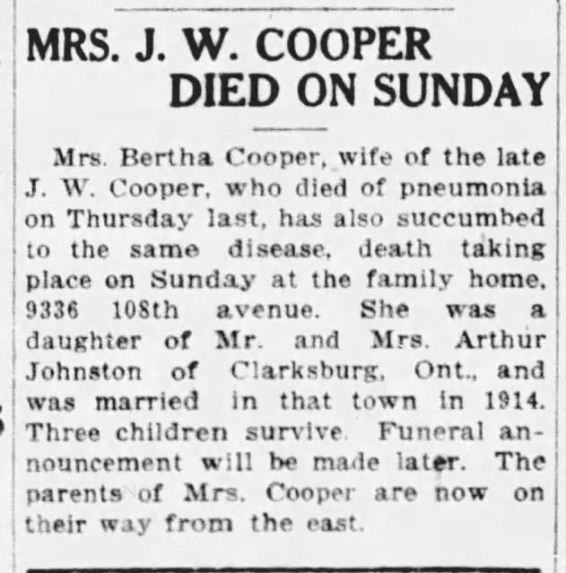 Obituary: Bertha Cooper née Johnston