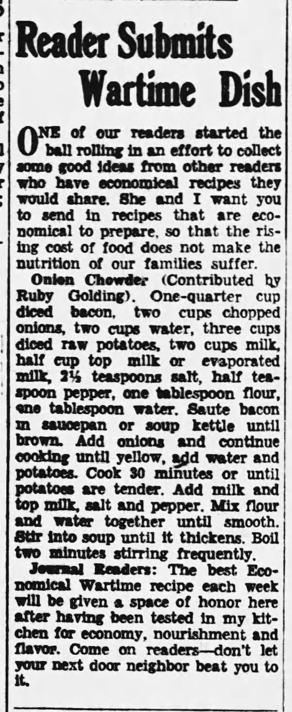 Edmonton Journal wartime recipe column by Mary Moore