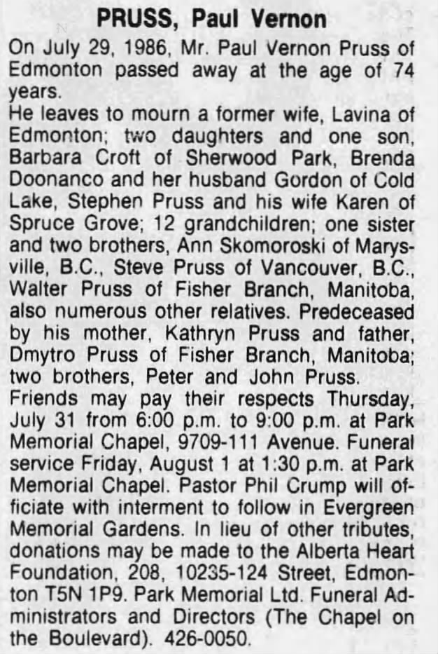 Obituary for Paul Vernon PRUSS Vernon