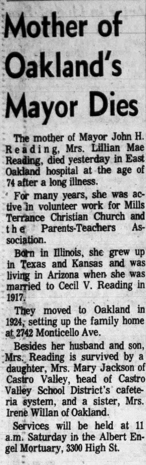 obituary for Lillian Mae Reading