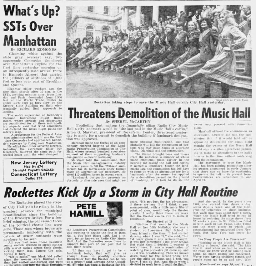 Threatens Demolition of the Music Hall; Rockettes Kick Up a Storm in City Hall Routine