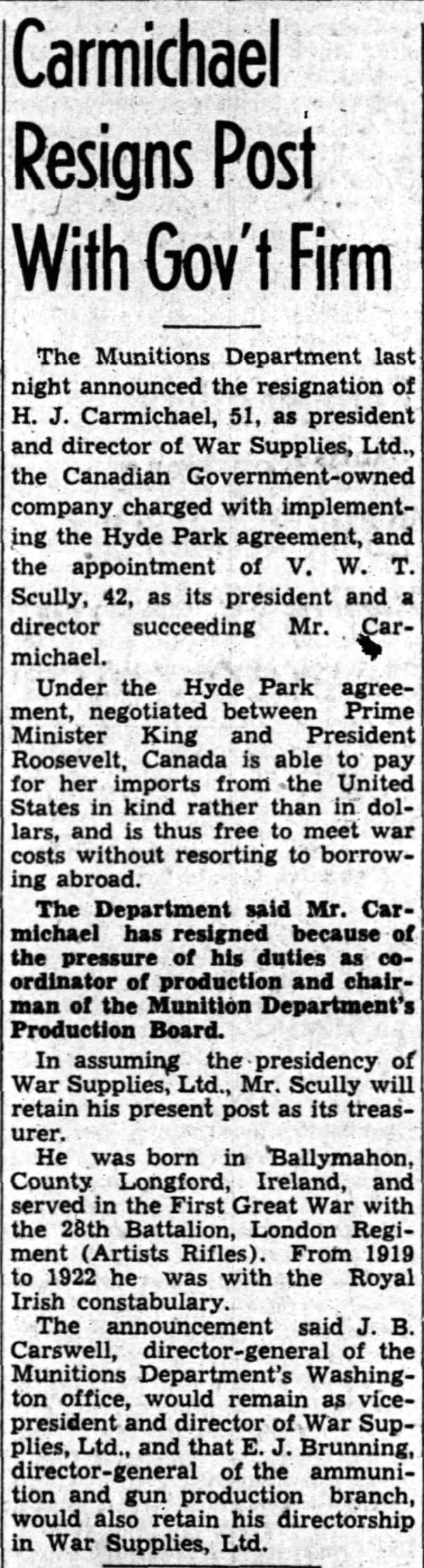 The Ottawa Journal VWT Scully - President of War Supplies Ltd 14 Nov 1942