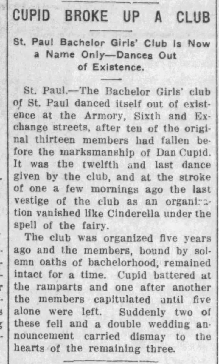 Marriages end St. Paul bachelor girls' club, 1915