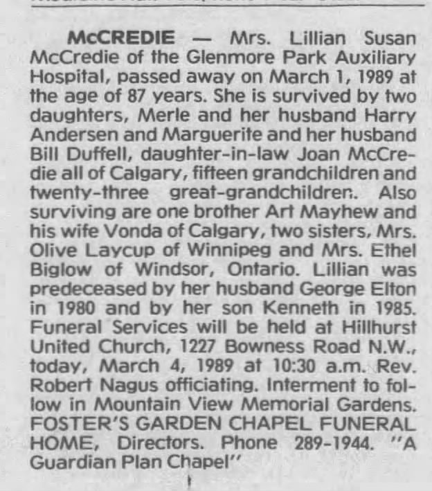 Obituary: Lillian Susan McCredie née Mayhew