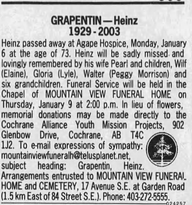 Obituary for GRAPENTIN Heinz (Aged 73)