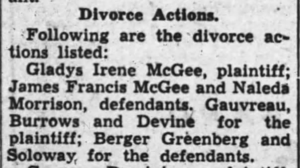 Divorce Action: Gladys Irene McGee and James Francis McGee