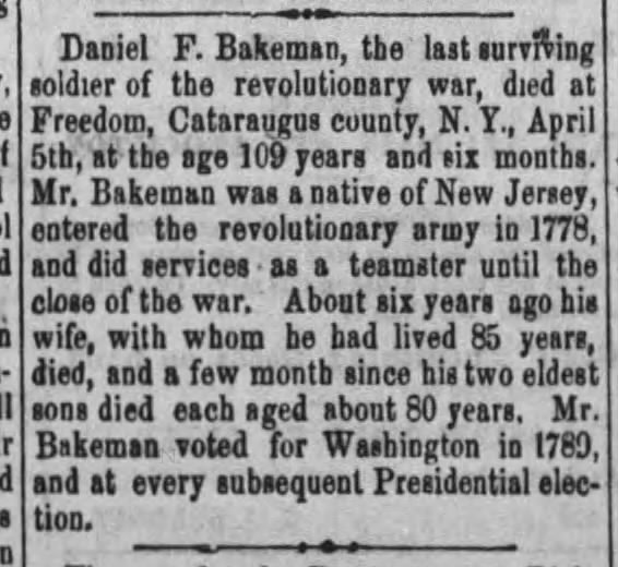 Daniel Frederick Bakemen obituary - 1869 