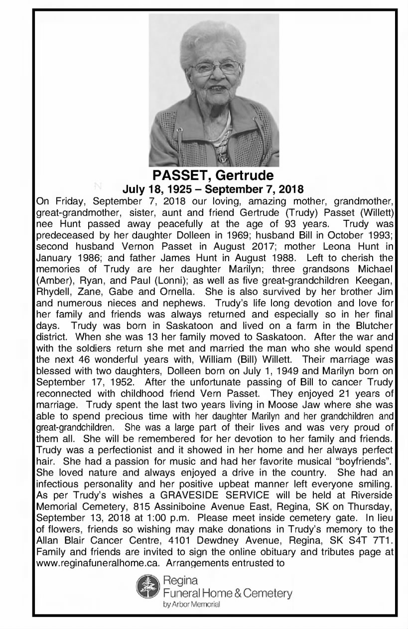 Obituary: Gertrude PASSET nee Hunt, 1925-2018 (Aged 93)