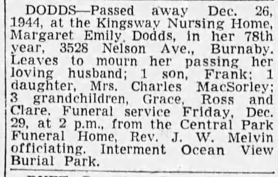 Obituary: Margaret Emily DODDS (Aged 78)