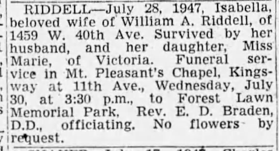 Obituary: Riddell, Isabella
