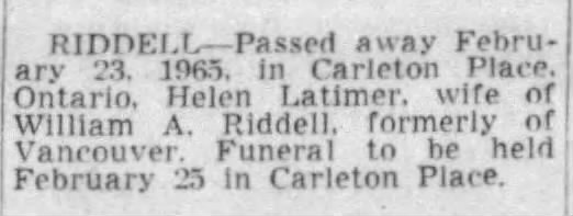 Obituary: Helen Riddell née Latimer