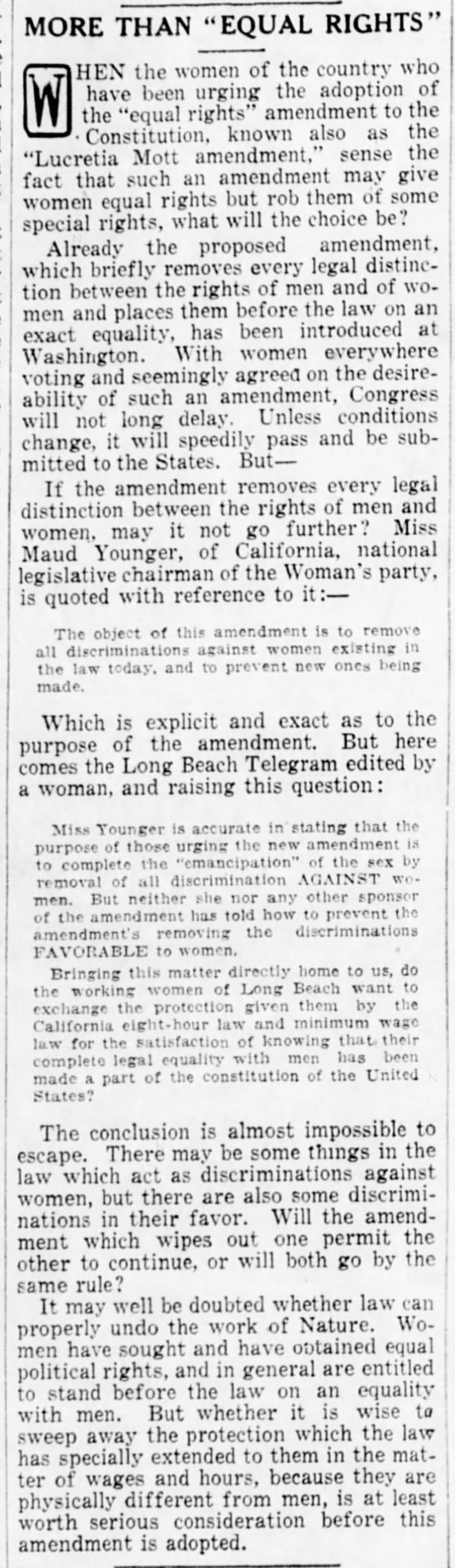 1923 editorial says ERA "may give women equal rights but rob them of some special rights"