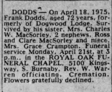 Obituary: Frank Dodds (aged 72)