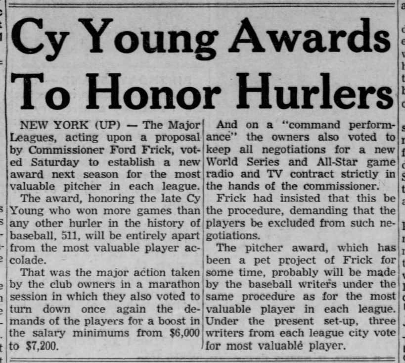 Cy Young Award established Feb 5 1956