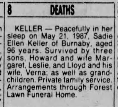 Obituary: Sadie Ellen Keller
