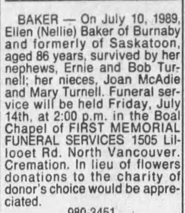 Obituary: Ellen (Nellie) Baker (Aged 86)