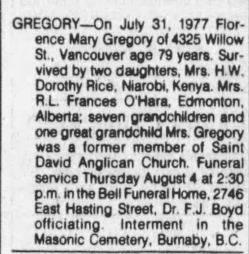 Obituary: Florence Mary Gregory (Aged 79)