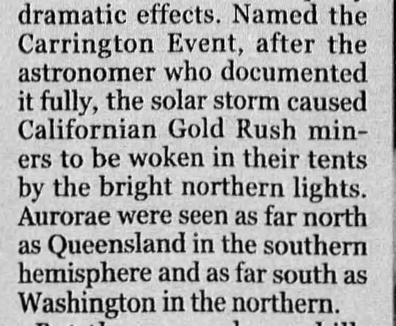 Solar storm of 1859 created aurora borealis that awakened California Gold Rush miners