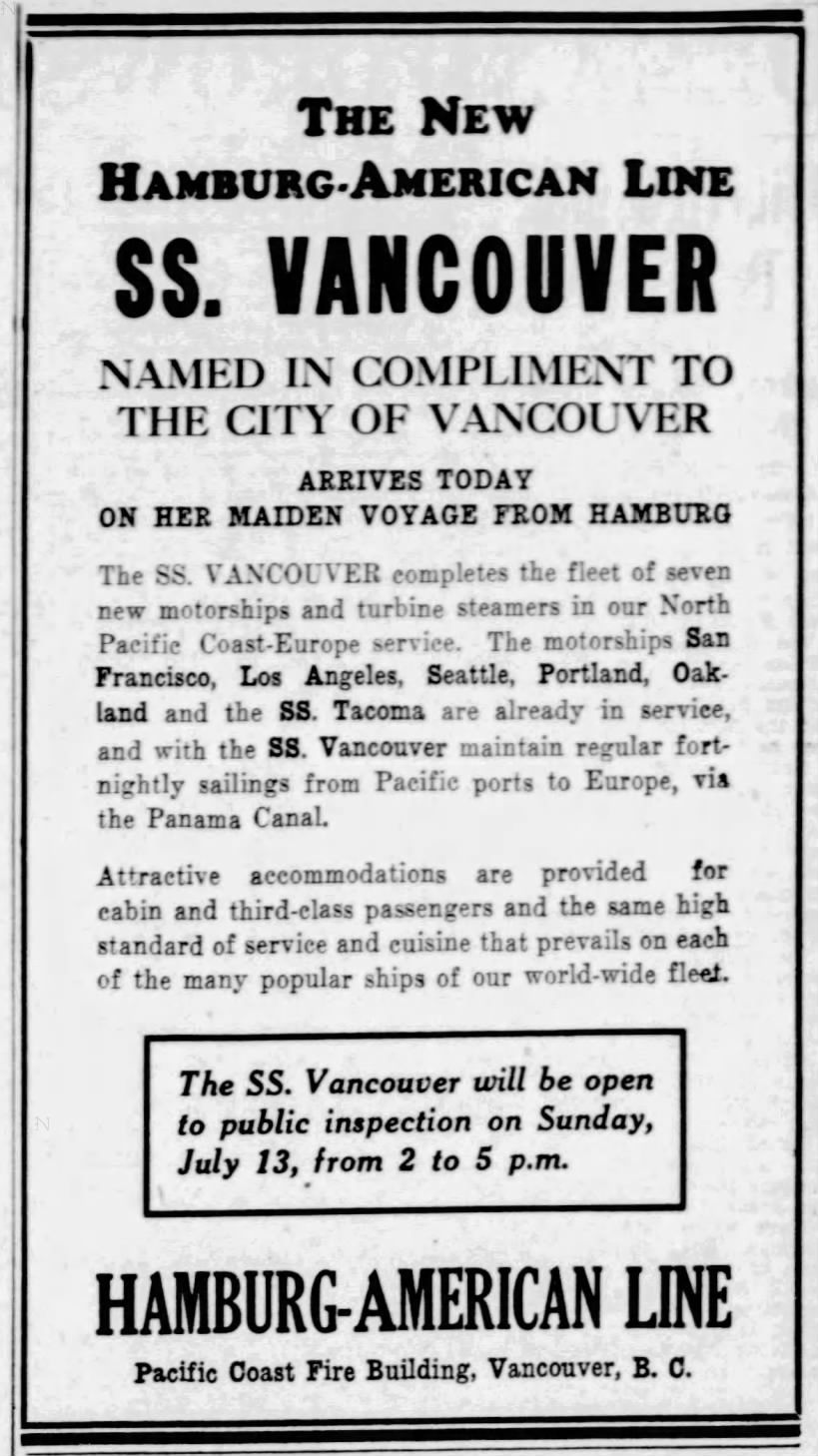 SS Vancouver - new Hamburg-American Line