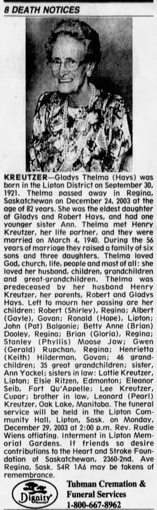 Obituary: Gladys Thelma Kreutzer née Hays