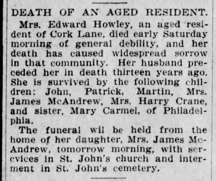 Example of an obituary where the woman is referred to by her husband's name, 1906