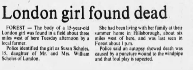 June 16, 1976 - Susan Scholes' body was found in a field on Tuesday, June 15th.