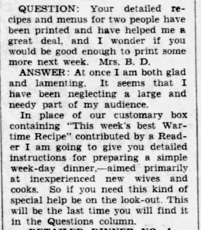 Mary Moore replaces wartime recipes with new feature about dinner preparation