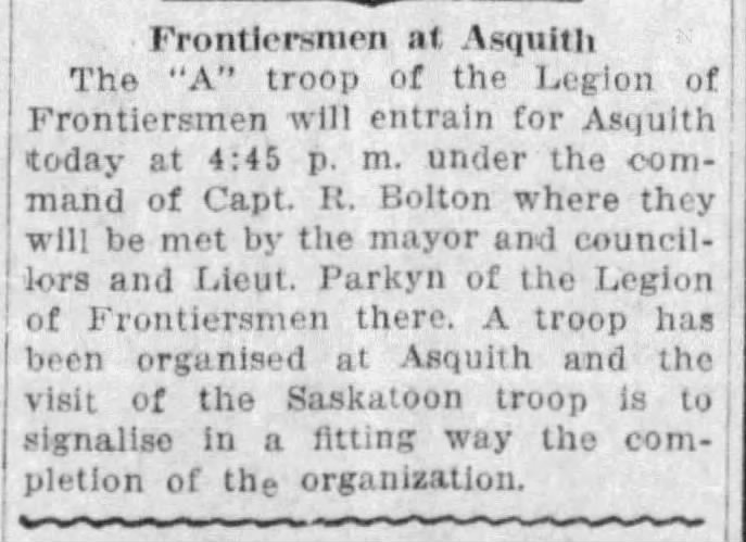 Frontiersmen organized at Asquith
