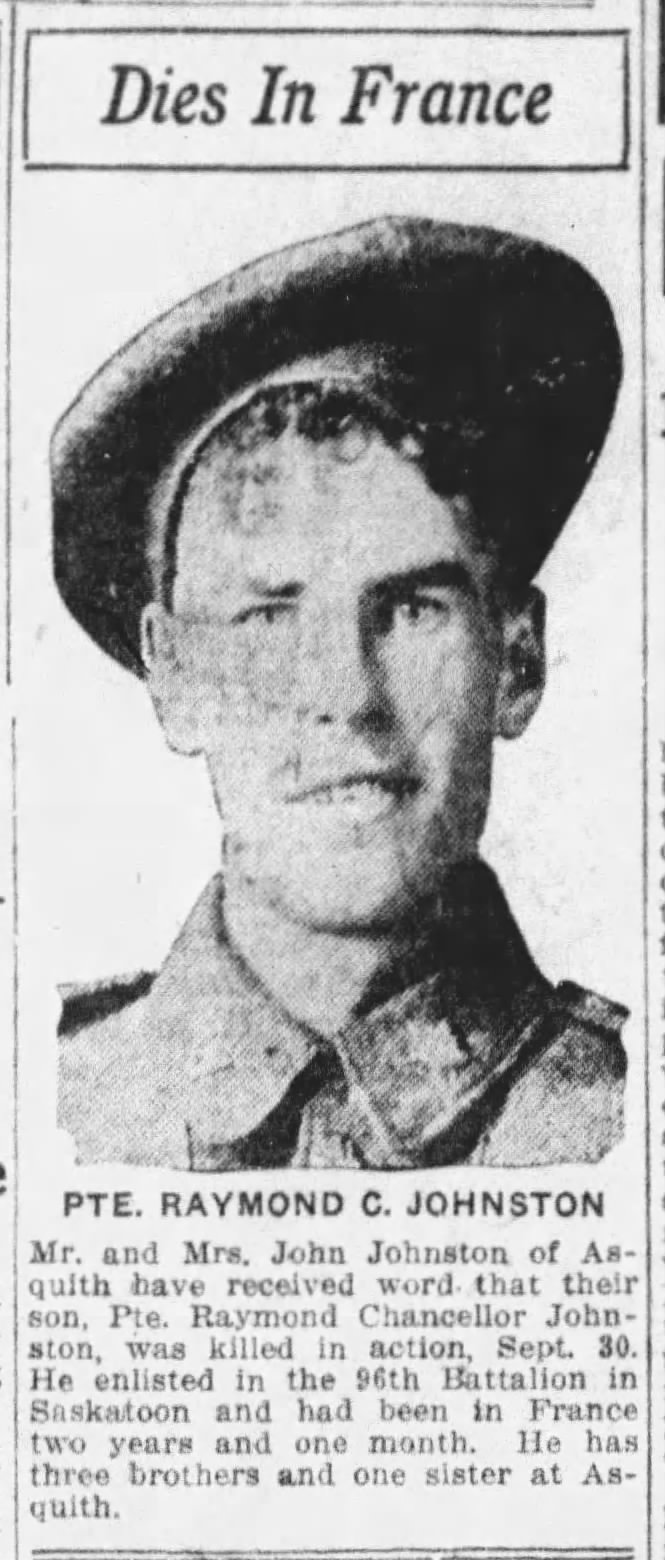 Killed in Action: Pte. Raymond Chancellor Johnston of Asquith