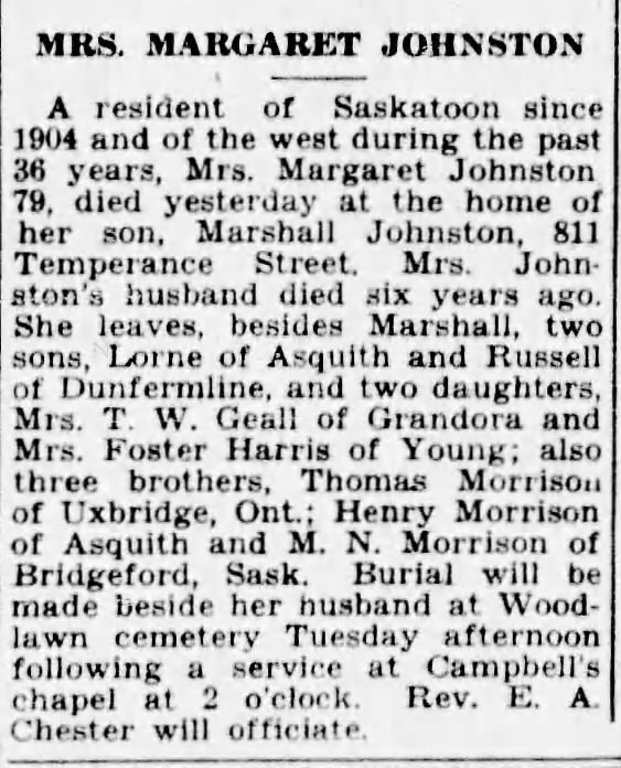 Obituary: Margaret JOHNSTON nee Morrison (Aged 79)