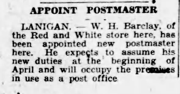 W. H. Barclay appointed postmaster