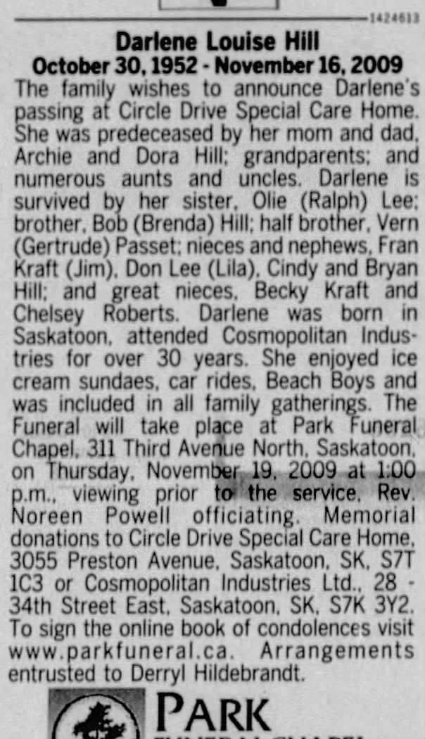 Obituary: Darlene Louise Hill, 1952-2009