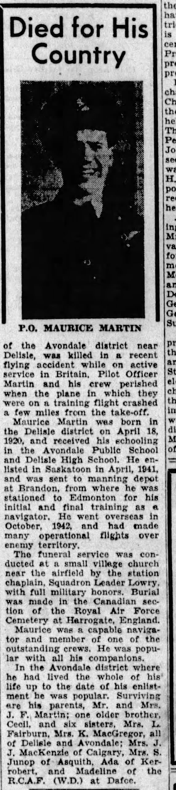 Pilot Officer Maurice Martin of Delisle killed