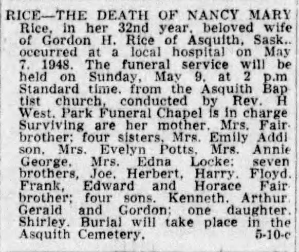 Obituary: Nancy Mary Rice née Fairbrother