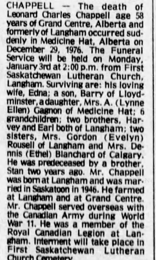 Obituary: Leonard Charles CHAPPELL (Aged 58)
